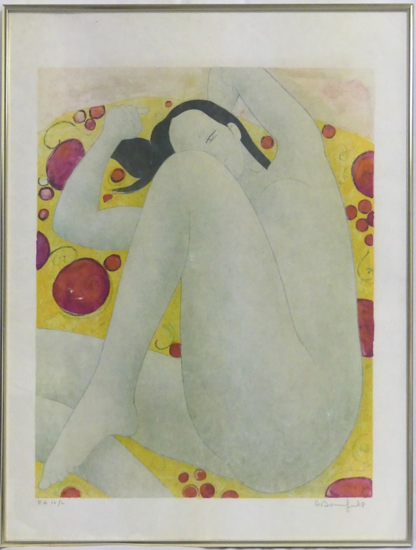 ALAIN BONNEFOIT 'SEATED NUDE' LITHOGRAPH: Alain Bonnefoit, French (b.1937) lithograph depicting a seated nude woman. Pencil signed lower right and numbered E.A IV/L lower left. Measures 27 1/2" x 21 1/2" + 1/4" frame.