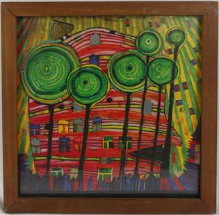FRIEDENSREICH HUNDERTWASSER 'BLOBS GROW...' LITHO: Friedensreich Hundertwasser 'Blobs Grow in Beloved Garden' offset lithograph. Signed and dated in the plate lower left. Viewable measures 9 7/8" x 9 5/8". Frame measures 11 1/2" X 11 1/4".