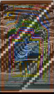 FRIEDENSREICH HUNDERTWASSER OFFSET LITHOGRAPH: Friedensreich Hundertwasser offset lithograph depicting an abstract face. Signed upper right. Viewable measures 19" x 10". Frame measures 20 1/2" x 11 1/4".
