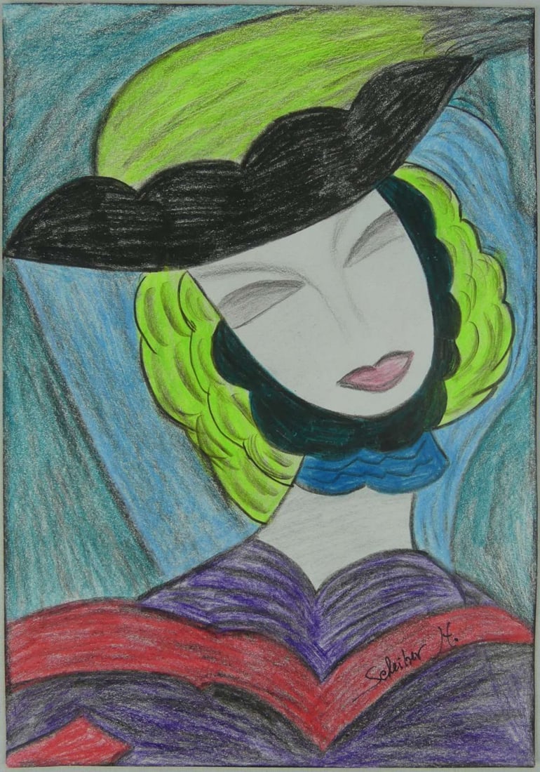 HUGO SCHEIBER STYLE 'PORTRAIT' CRAYON ON PAPER: Hugo Scheiber style crayon drawing on paper depicting a portrait of a woman. Signed lower right. Sheet measures 11 5/8" x 8".