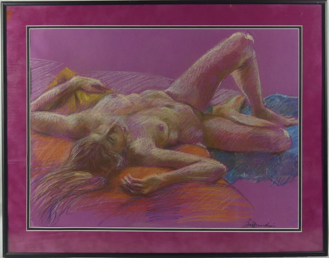 RECUMBENT NUDE PASTEL ON PAPER SIGNED: Pastel on paper depicting a reclining nude woman. Signed illegibily lower right. Viewable measures 23 1/4" x 17 1/4". Frame measures 28 1/4" x 22 1/4".
