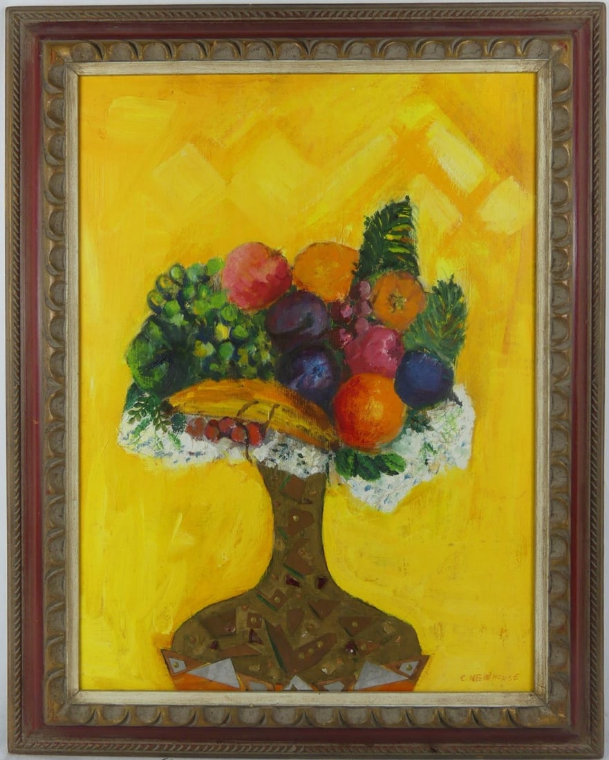 CAROLINE NEWHOUSE MIXED MEDIA ON BOARD: Caroline Newhouse (American, 1910-2003) mixed media painting on board depicting a still life with fruit. Signed lower right. Holds Downtown Gallery, New Orleans label to verso. Viewable measures 23 1/