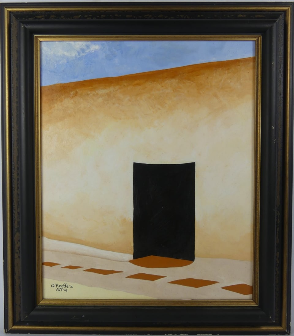 AFTER O'KEEFFE 'PATIO WITH CLOUD' OIL ON CANVAS: After Georgia O'Keeffe oil painting on canvas. Titled 'Patio with Cloud'. Signed RJT and dated 2005 lower left. Viewable measures 19 1/2" x 15 1/2". Frame measures 26" x 22".