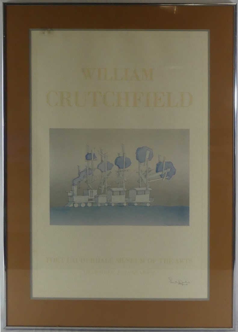 WILLIAM CRUTCHFIELD 'FT LAUDERDALE' MUSEUM SIGNED: William Crutchfield exhibition poster for Fort Lauderdale Museum of the Arts. Pencil signed lower right. Viewable measures 29" x 18 3/4". Frame measures 36" x 25".