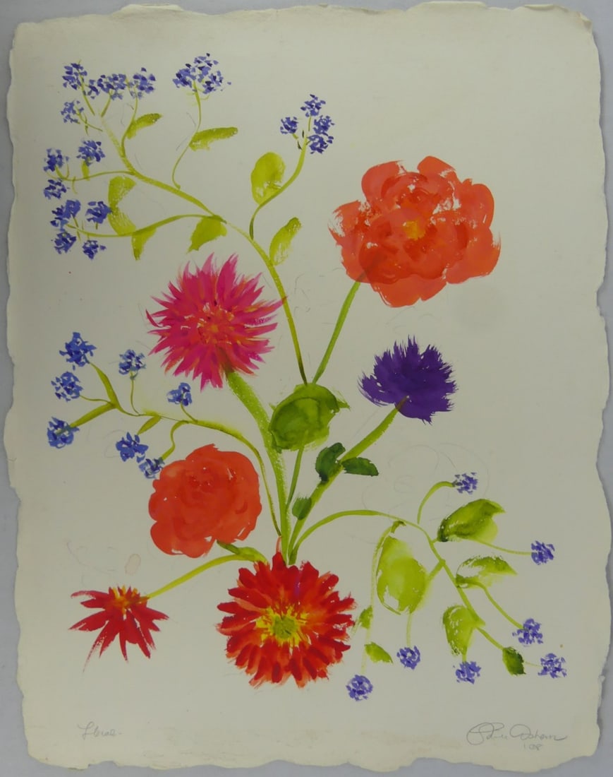 FLORAL OIL PAINTING ON PAPER SIGNED: Oil painting on paper depicting a modern floral still life. Pencil signed illegibly and dated 2008 lower right. Titled and holds blindstamp lower left. Sheet measures 22" x 17".