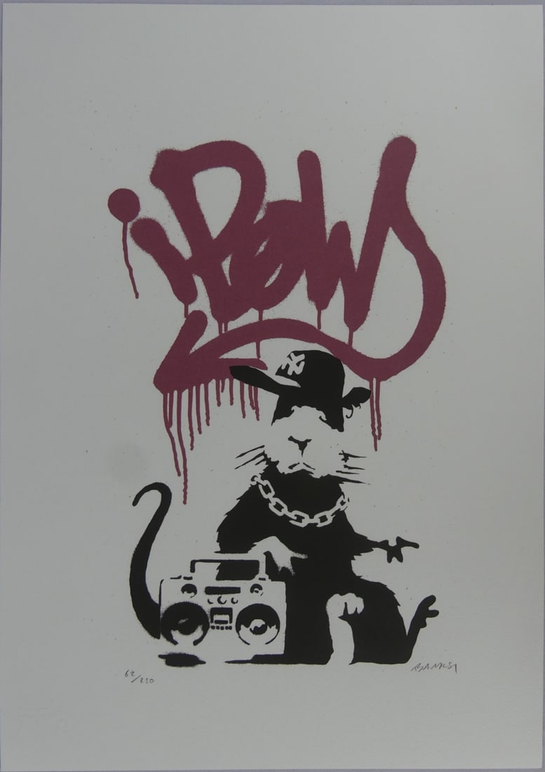 BANKSY 'GANGSTER RAT' LITHOGRAPH: Banksy 'Gangster Rat' lithograph. Pencil signed lower right. Numbered 62/250 and holds blindstamp lower left. Sheet measures 19 3/4" x 13 7/8".
