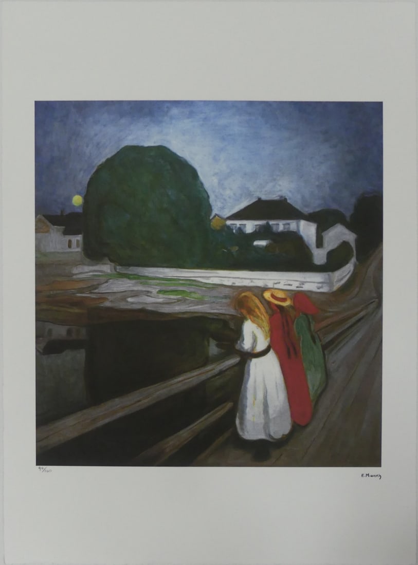 EDVARD MUNCH 'GIRLS ON THE BRIDGE' LITHOGRAPH: Edvard Munch 'Girls on the Bridge' lithograph. Signed in the plate lower right. Numbered 94/200 and holds trec blindstamp lower left. Sheet measures 27 3/8" x 19 3/4".
