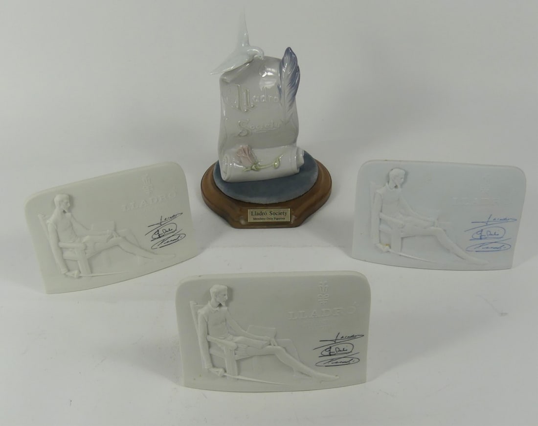 4pc LLADROS COLLECTOR'S SOCIETY PORCELAIN PLAQUES: Four Lladro Collector's Society porcelain plaques. Includes 3 Don Quixote and 1 bird on scroll. Each marked to underside. Largest measures 7" x 3 3/4".