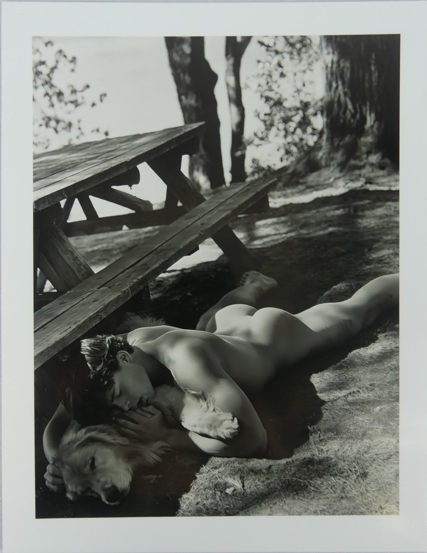 BRUCE WEBER 'NUDE MALE w DOG' PHOTO PRINT: Bruce Weber Nude Male with dog photograph print. Measures 10 1/2" x 8 3/8".