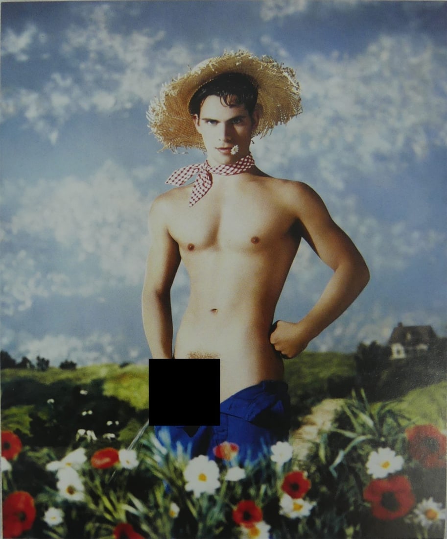 PIERRE ET GILLES 'MALE NUDE' PHOTO LITHO: Pierre et Gilles (Pierre Commoy and painter Gilles Blanchard) 'Male, Nude' photo lithograph. Mounted. Sheet measures 5 3/4" x 4 5/8".