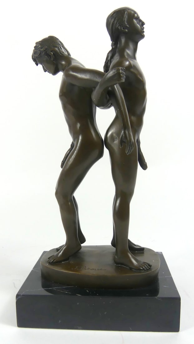 JEAN PATOUE EROTIC NUDE MALES BRONZE SCULPTURE: Bronze sculpture depicting two nude male figures standing back to back with interlocked arms after Jean Patoue. Signed to bronze base. Mounted to marble plinth. Measures 10 1/2" height.
