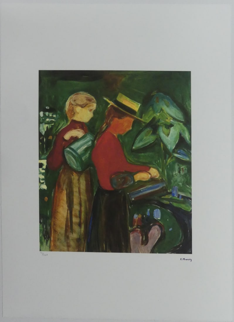 EDVARD MUNCH 'THE LINDE FRIEZE' LITHOGRAPH: Edvard Munch 'Girls Watering Flowers' lithograph. Signed in the plate lower right. Numbered in pencil 31/200 and holds TREC blindstamp lower left. Sheet measures 27 1/2" x 19 3/4".