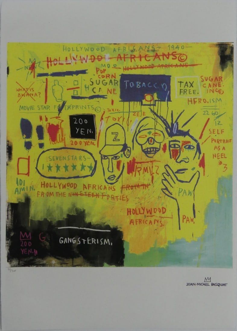 JEAN-MICHEL BASQUIAT 'HOLLYWOOD AFRICANS' LITHO: Jean-Michel Basquiat 'Hollywood Africans' lithograph. Signed in the plate lower right. Numbered in pencil 38/300 and holds blindstamp lower left. Sheet measures 27 3/4" x 19 1/2".