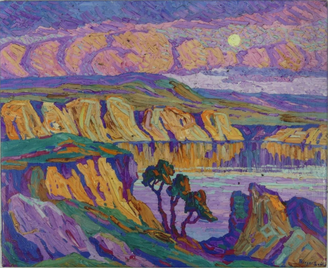 BIRGER SANDZEN 'CREEK AT TWILIGHT' CERAMIC TILE: Ceramic tile after Birger Sandzen, Titled 'Creek at Twilight'. Signed in the plate lower right. Measures 9 7/8" x 7 7/8".