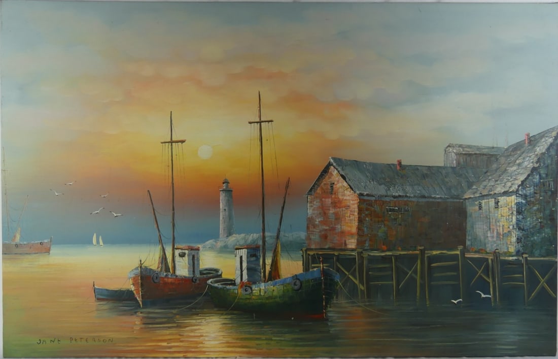 HARBOR SCENE OIL PAINTING ON CANVAS SIGNED: Oil painting on canvas depicting a harbor scene. Signed (after) Jane Peterson lower left. Measures 48" x 30 1/2".