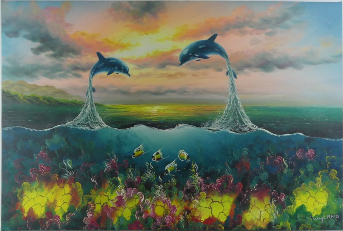 WYLAND STYLE 'DOLPHINS' OIL PAINTING ON CANVAS (1 of 6)