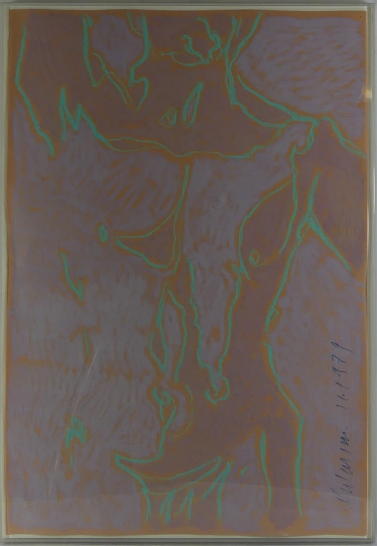 NUDE MALE PASTEL DRAWING ON PAPER SIGNED 1979: Pastel drawing on paper depicting an abstract nude figure. Signed illegibly and dated 1979 lower right. Shadowbox measures 33" x 23".