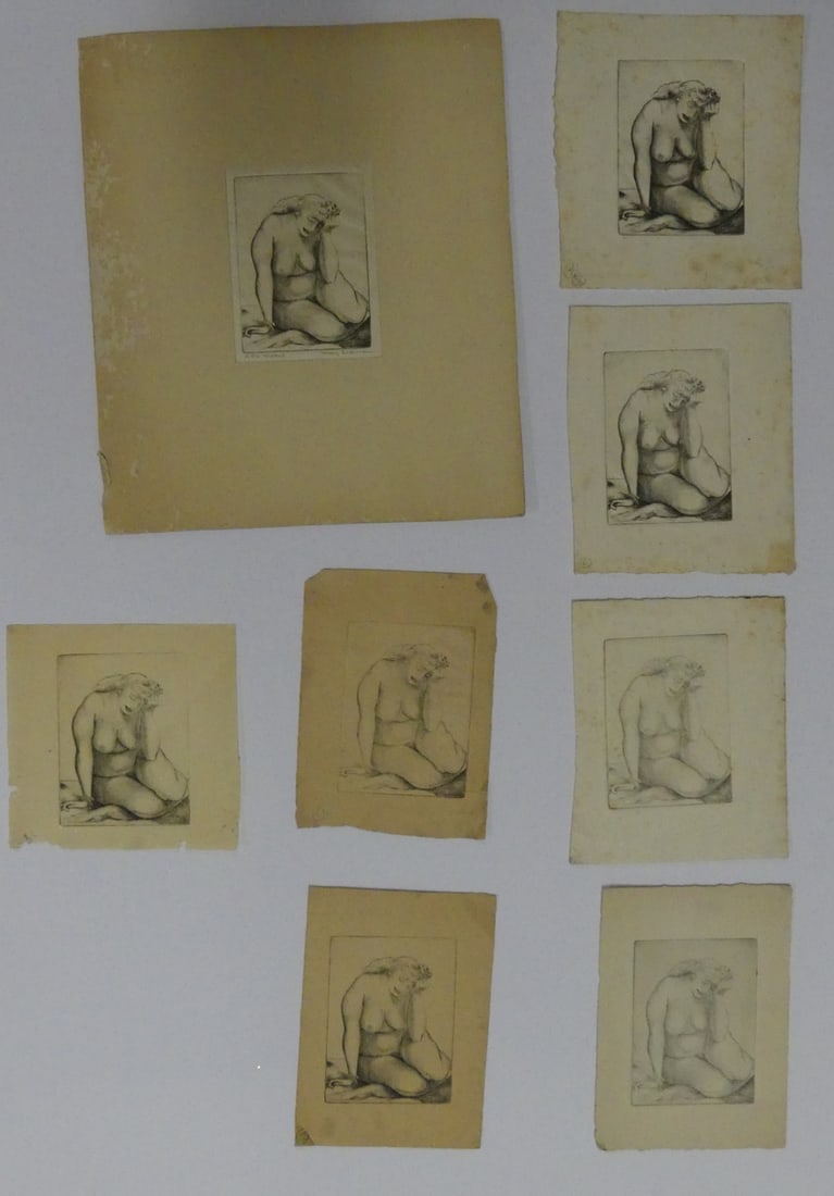 8pc MARY SEAMAN WPA ETCHINGS: Group of 8 etchings by WPA artist Mary Seaman. Each depicts a seated nude woman. Etching with mat is pencil signed lower right and marked WPA model lower left. Viewable measures 4 3/8" x 3 1/4". Mat m