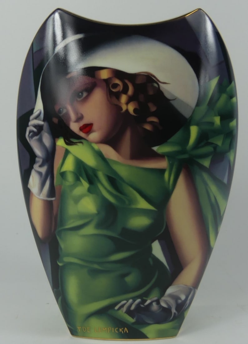 TAMARA DE LEMPICKA PORCELAIN VASE: Tamara de Lempicka porcelain vase depicting a Young Girl in Green. Marked, titled and numbered 197/2000. Includes documentation. Measures 12" height.