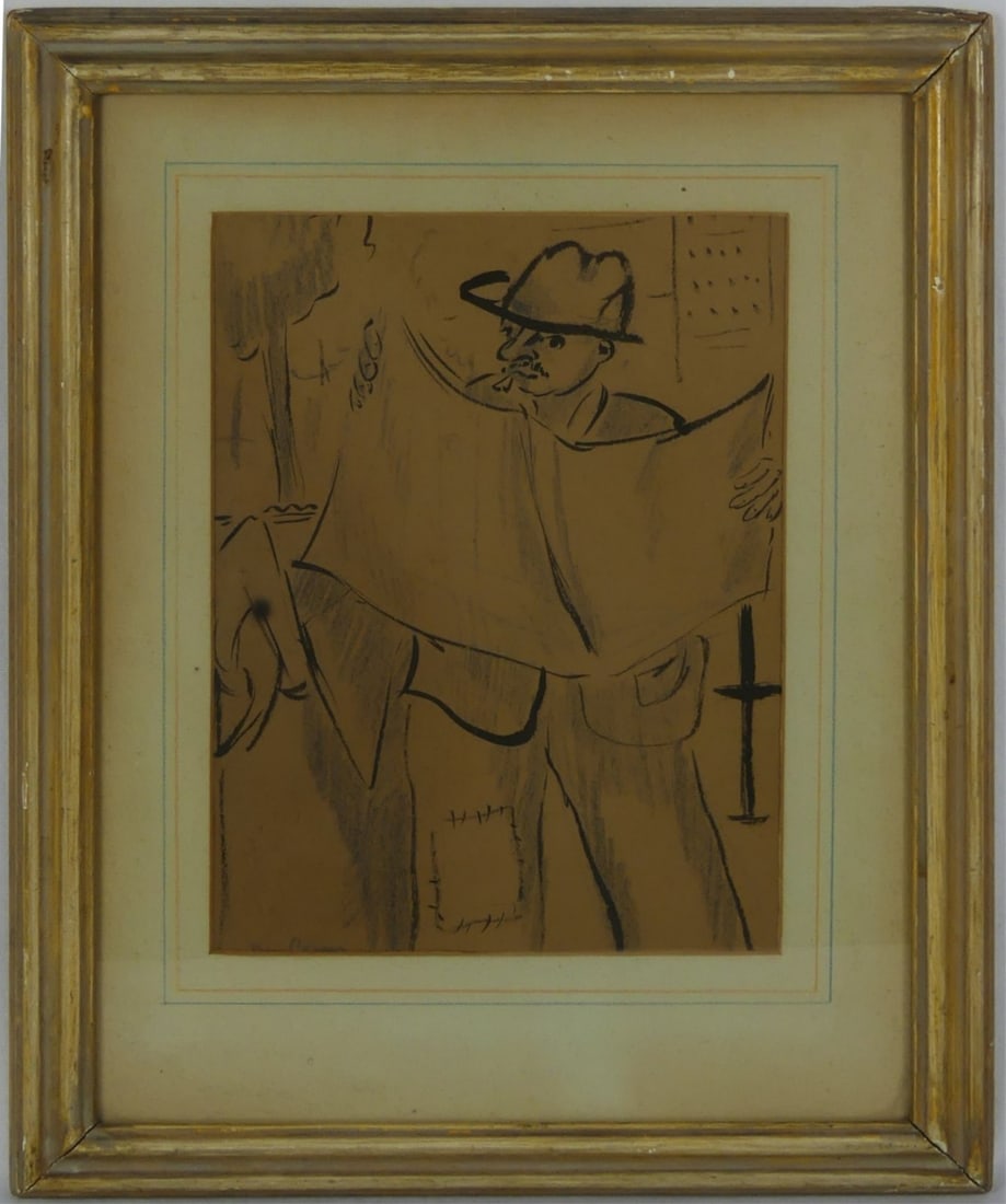 BEN BENN MIXED MEDIA ON PAPER 1929: Ben Benn, (American, 1884-1983) crayon and ink drawing on paper. Titled 'Hobo Reading a Newspaper'. Signed lower left. Signed, titled and dated to verso. Viewable measures 11 1/4" x 8 1/2". Frame meas