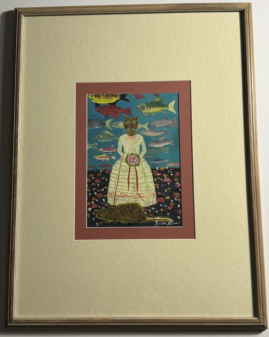 ATTRIBUTED TO JOAN BROWN 'CAT AND FISH' PAINTING (1 of 4)