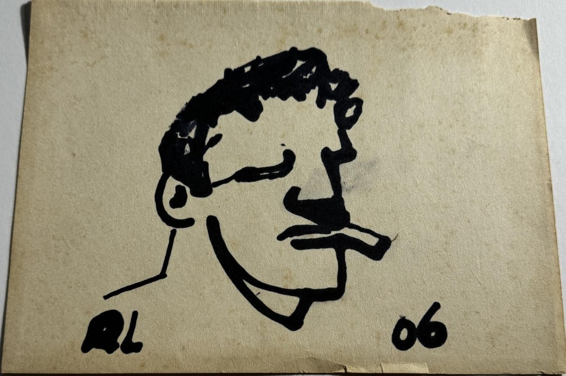 UNKNOWN ARTIST INK ON PAPER: Unknown Artist 'Cigarette Smoker' Ink on Paper Measures 7 x 9 3/4 inches.