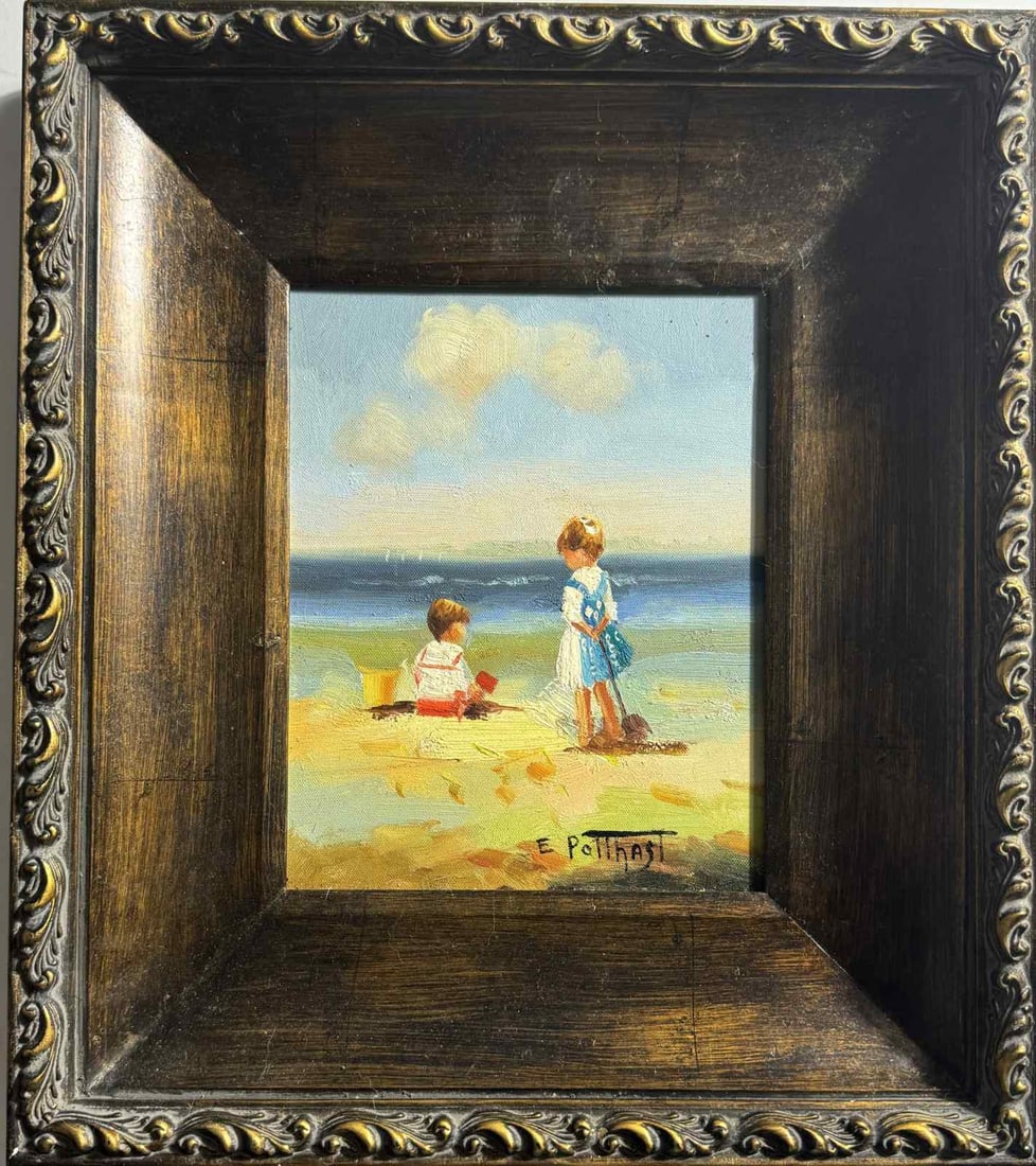 STYLE OF EDWARD POTTHAST SIGNED BEACH SCENE OIL (1 of 5)