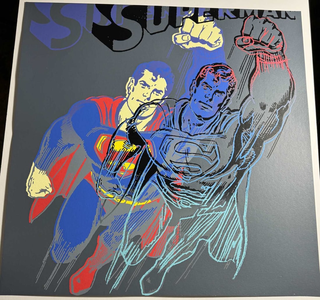 ANDY WARHOL 'SUPERMAN' SCREENPRINT: Andy Warhol (1928-1987) 'Superman 1981' Unsigned Proof Screenprint. Measures 38 x 38 inches. Blindstamp to lower side, stamped verso "Andy Warhol 1981 - Ronald Feldman".