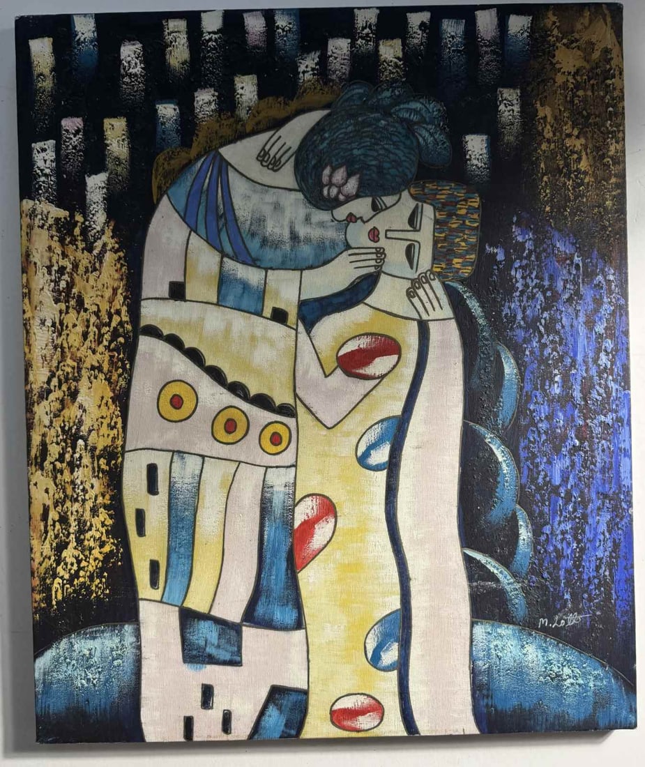 GUSTAV KLIMT STYLE OIL ON CANVAS: Style of Gustav Klimt 'The Kiss' oil on canvas. Measures 24 x 20 inches.