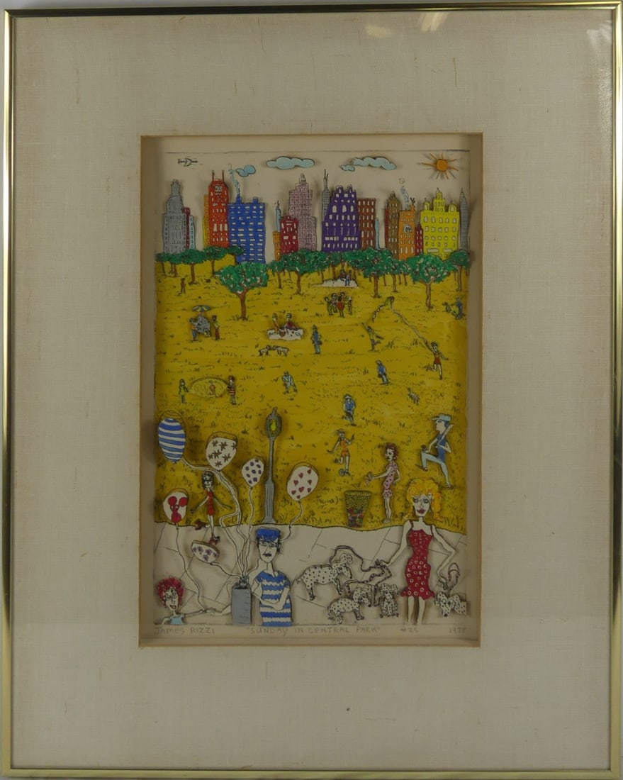 JAMES RIZZI 'SUNDAY IN CENTRAL PARK' 3D SERIGRAPH: James Rizzi (American, 1950-2011) 3D serigraph titled 'Sunday in Central Park'. Pencil signed lower left. Titled lower center. Numbered 25 and dated 1978 lower right. Viewable measures 16 1/2" x 10 3/