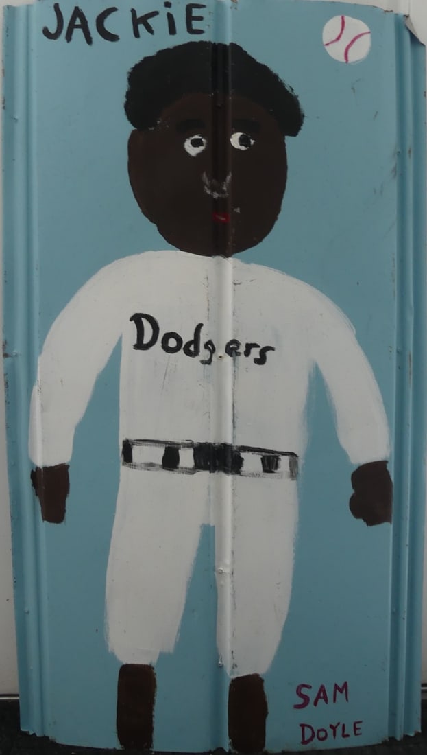 SAM DOYLE 'JACKIE ROBINSON' PAINTING ON METAL: Paint on found rusted metal depicting a Dodgers baseball player after Sam Doyle. Titled 'Jackie' to top edge. Signed lower right. Measures 48 3/4" x 26 1/2".