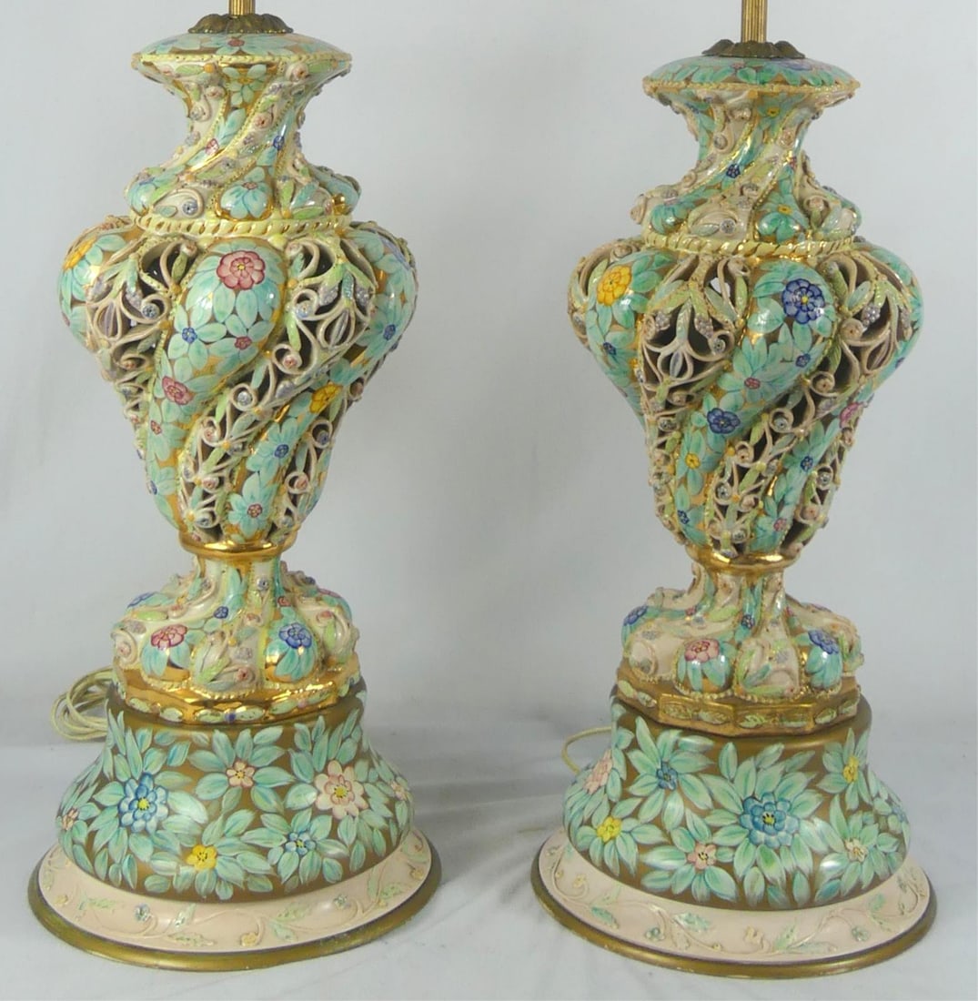 PR CAPODIMONTE TURQUOISE PIERCED FLORAL LAMPS (1 of 10)