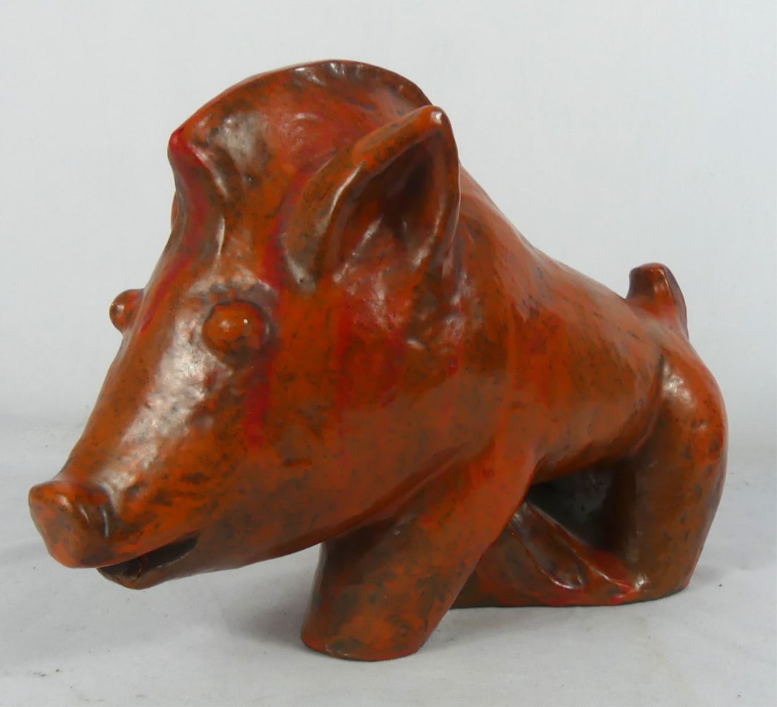 LUDWIG KONIG GERMAN TERRACOTTA PIG SCULPTURE: Ludwig Konig German ceramic pig / boar sculpture. Marked and numbered 3518 to underside. Measures 12 1/2" length. Includes Chinese style stand. Note: chip to mouth.