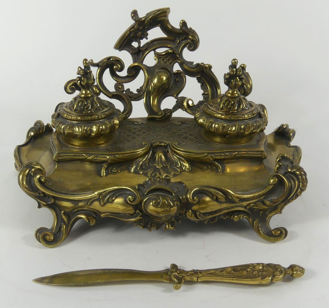 ANTIQUE VICTORIAN BRASS INKWELL w LETTER OPENER (1 of 12)