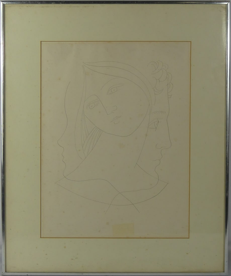 FRANCIS PICABIA 'TRIPLE PORTRAIT' INK ON PAPER: Attributed to Francis Picabia ink drawing on paper depicting a triple portrait. Viewable measures 15 7/8" x 11 3/4". Frame measures 22 1/4" x 18 1/4".