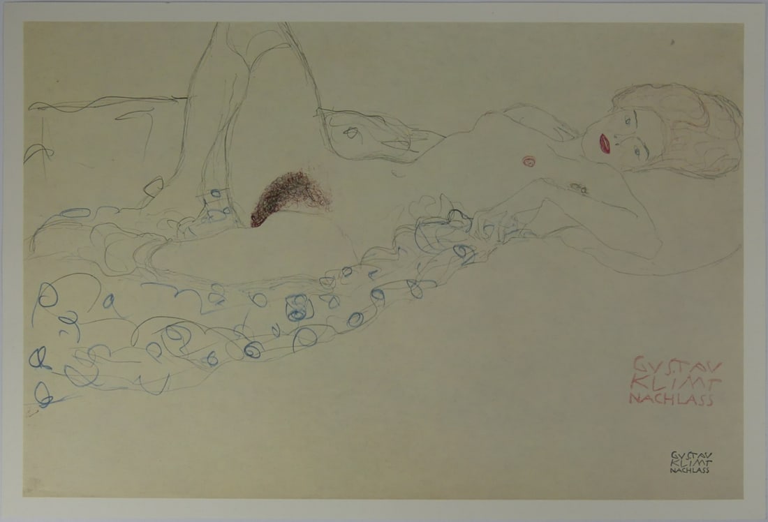 GUSTAV KLIMT 'EROTIC STUDY' LITHOGRAPH: Gustav Klimt lithograph depicting an erotic study of a nude female. Stamped signature in red lower right. Sheet measures 14 3/4" x 10".