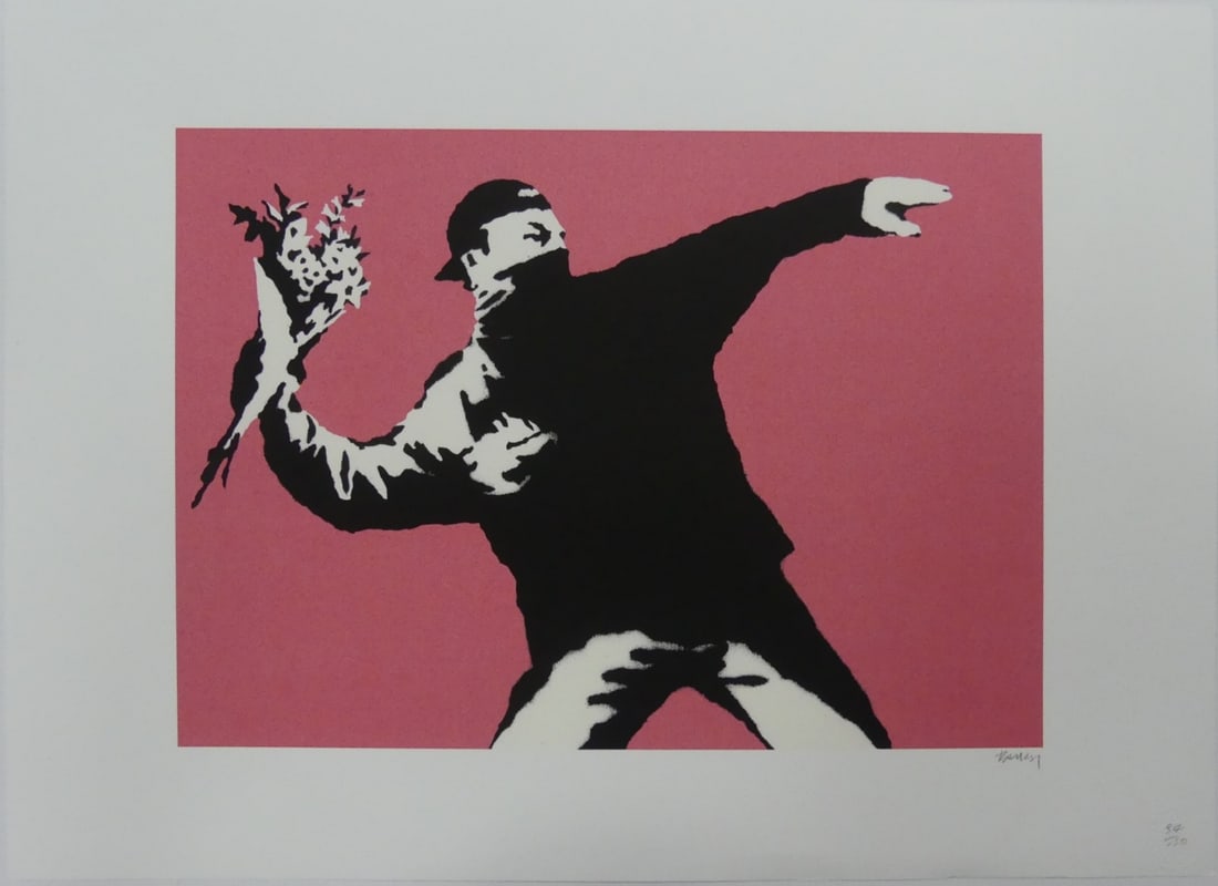 BANKSY 'LOVE IS IN THE AIR' LITHOGRAPH: Banksy 'Love is in the Air' flower thrower lithograph. Pencil signed lower right. Numbered 94/150 (?) lower right within blindstamp. Sheet measures 27 1/2" x 19 3/4".