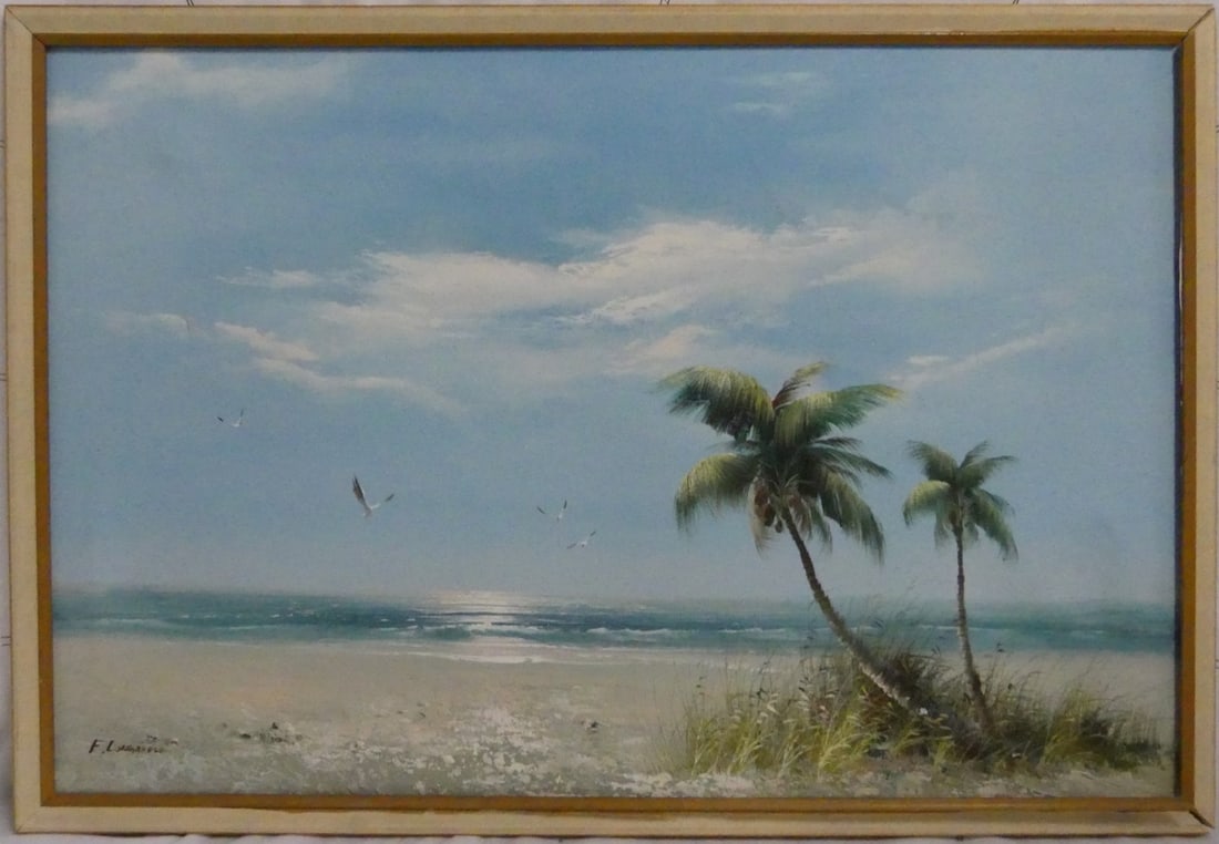 F. LONGANESI 'BEACH SCENE' OIL ON CANVAS: Oil painting on canvas depicting a beach scene with palms and seagulls. Signed lower left. Probably Federico Longanesi. Viewable measures 35 1/2" x 23 1/2". Frame measures 37 1/2" x 25 3/4".