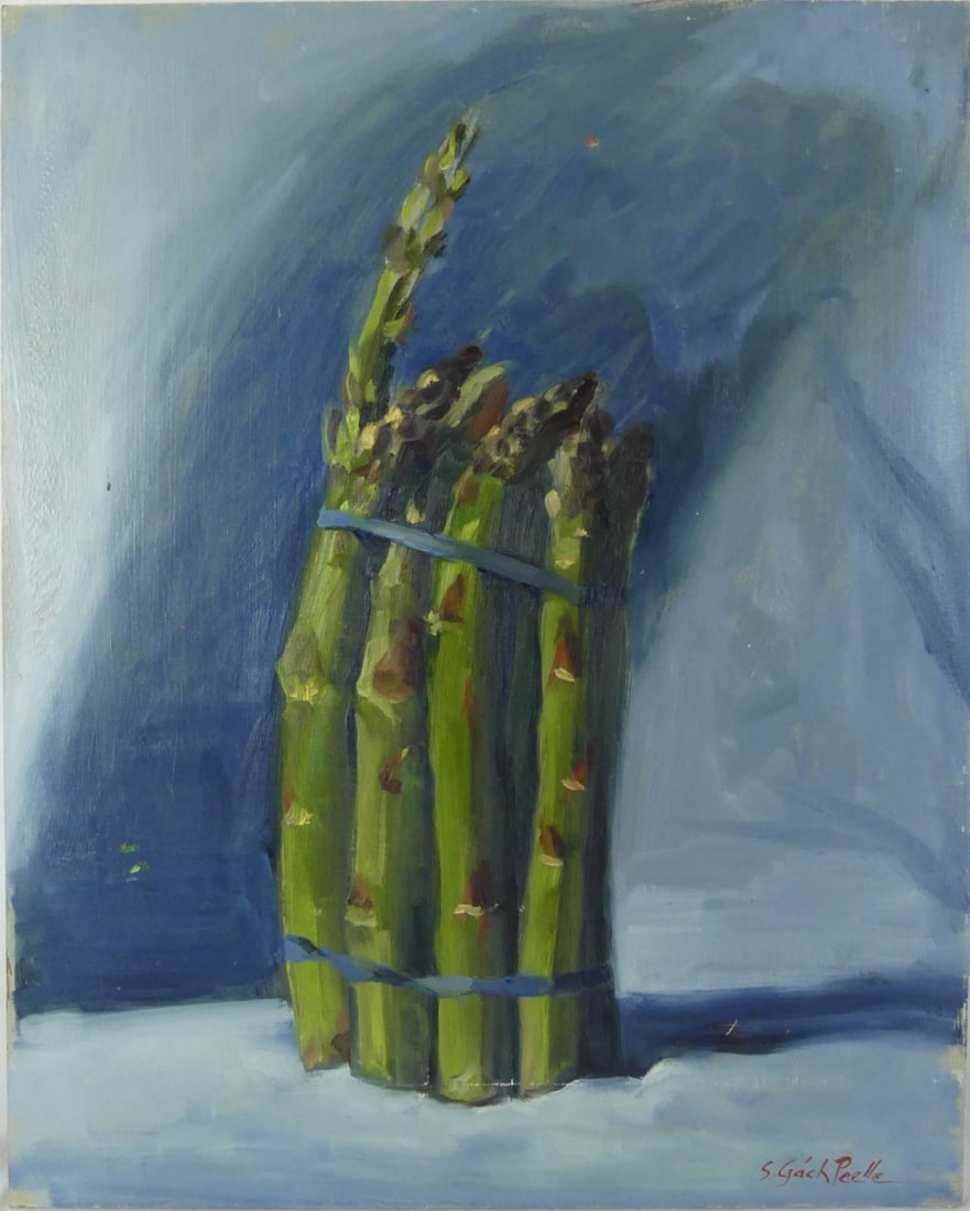SUSIE GACH PEELLE 'OFFSHOOT' OIL ON MASONITE: Susie Gach Peelle oil painting on board depicting a asparagus. Signed lower right. Signed, titled and dated to verso. Measures 20" x 16".