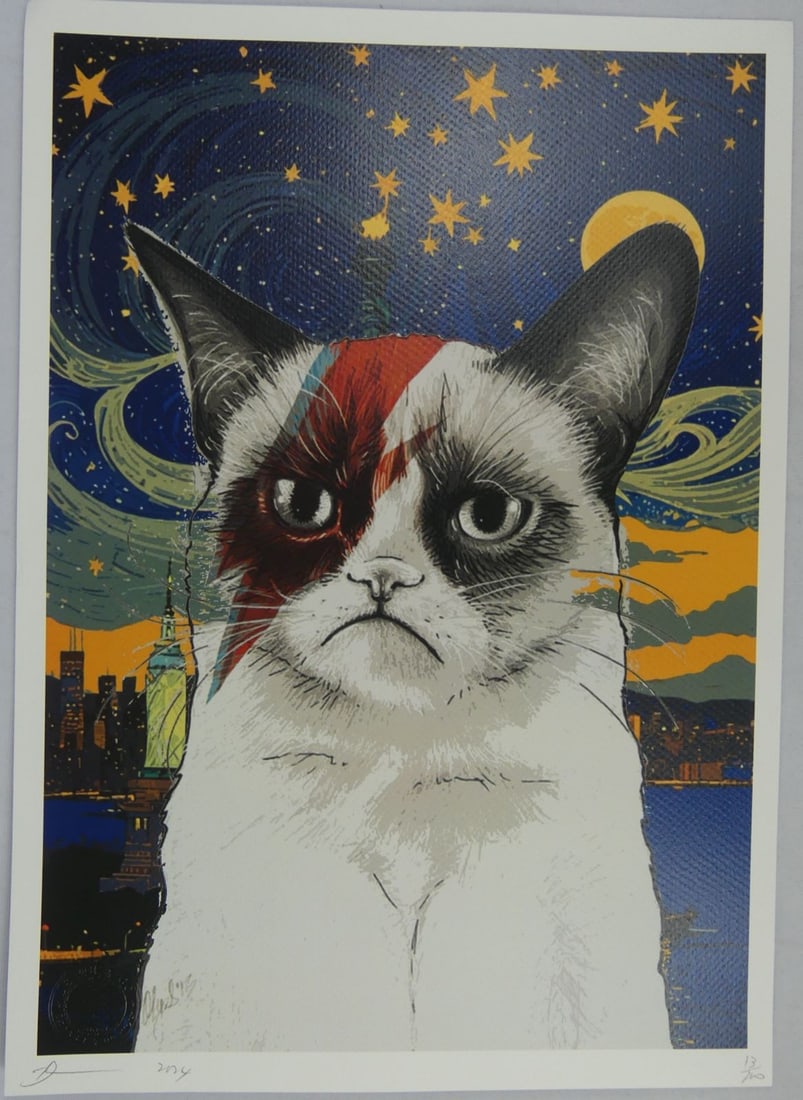 DEATH NYC DAVID BOWIE GRUMPY CAT LITHOGRAPH: Death NYC lithograph depicting David Bowie Grumpy Cat. Pencil signed, dated and holds blindstamp lower left. Numbered 13/100 lower right. Includes COA. Sheet measures 17 3/4" x 12 1/2".