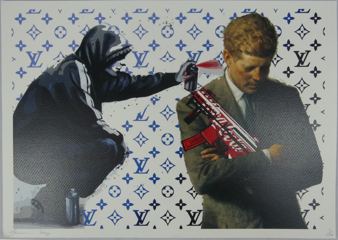 DEATH NYC KENNEDY BANKSY COCA-COLA LV LITHOGRAPH: Death NYC lithograph depicting a Banksy style grafitti artist, John F Kennedy with Coca Cola gun over a Louis Viutton ground. Pencil signed, dated and holds blindstamp lower left. Numbered 7/100 lower