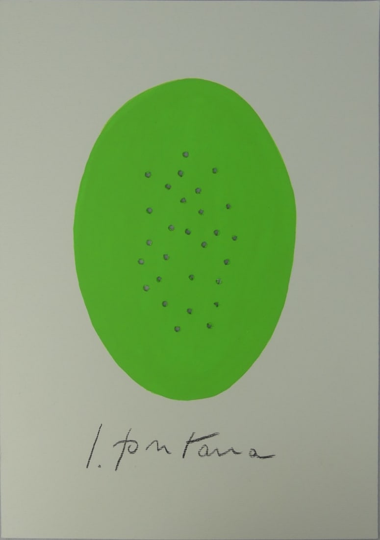 LUCIO FONTANA (MANNER) 'CONCETTO SPAZIALE' GOUACHE: Manner of Lucio Fontana 'Concetto Spaziale' green gouache on paper. Signed to lower edge. Sheet measures 12 5/8" x 8 5/8".