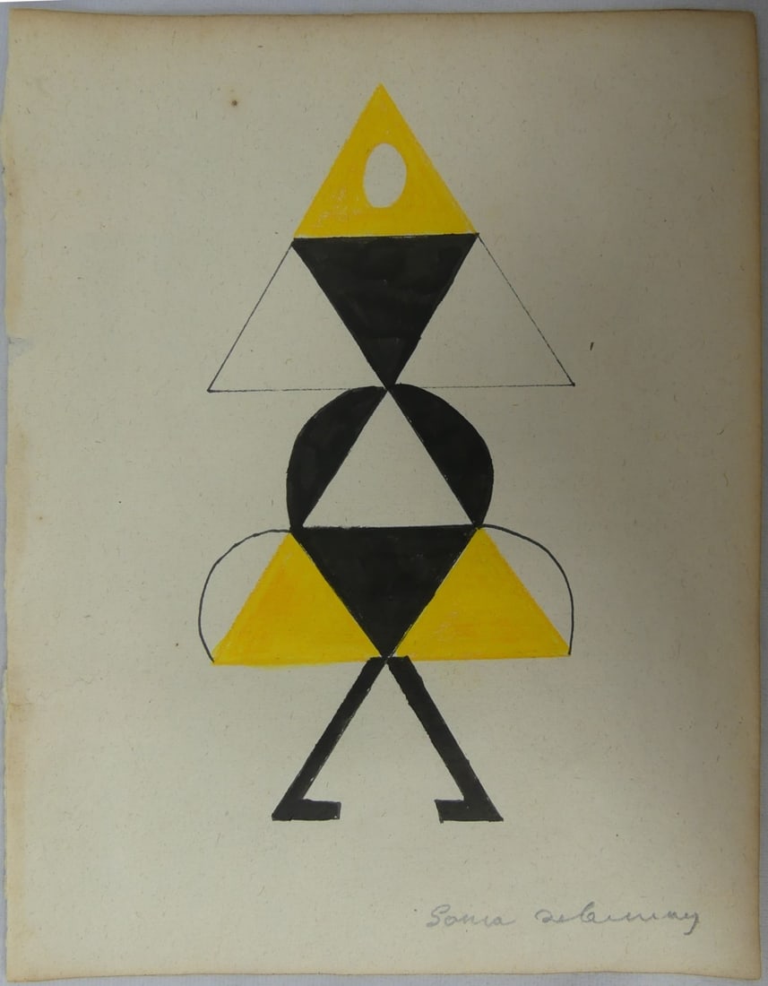 SONIA DELAUNAY (MANNER) 'COSTUMES' MIXED MEDIA: Manner of Sonia Delaunay 'Costumes' mixed media drawing on paper. Pencil signed lower right. Sheet measures 9 3/4" x 7 5/8".