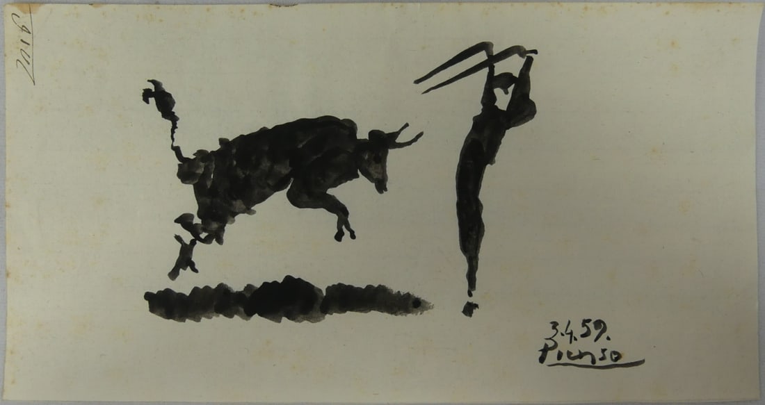 PICASSO (MANNER) TORO Y TORERO INK ON PAPER: Manner of Pablo Picasso ink drawing on paper depicting a bull with bullfighter. Signed and dated lower right. Sheet measures 10 1/4" x 5 1/2".