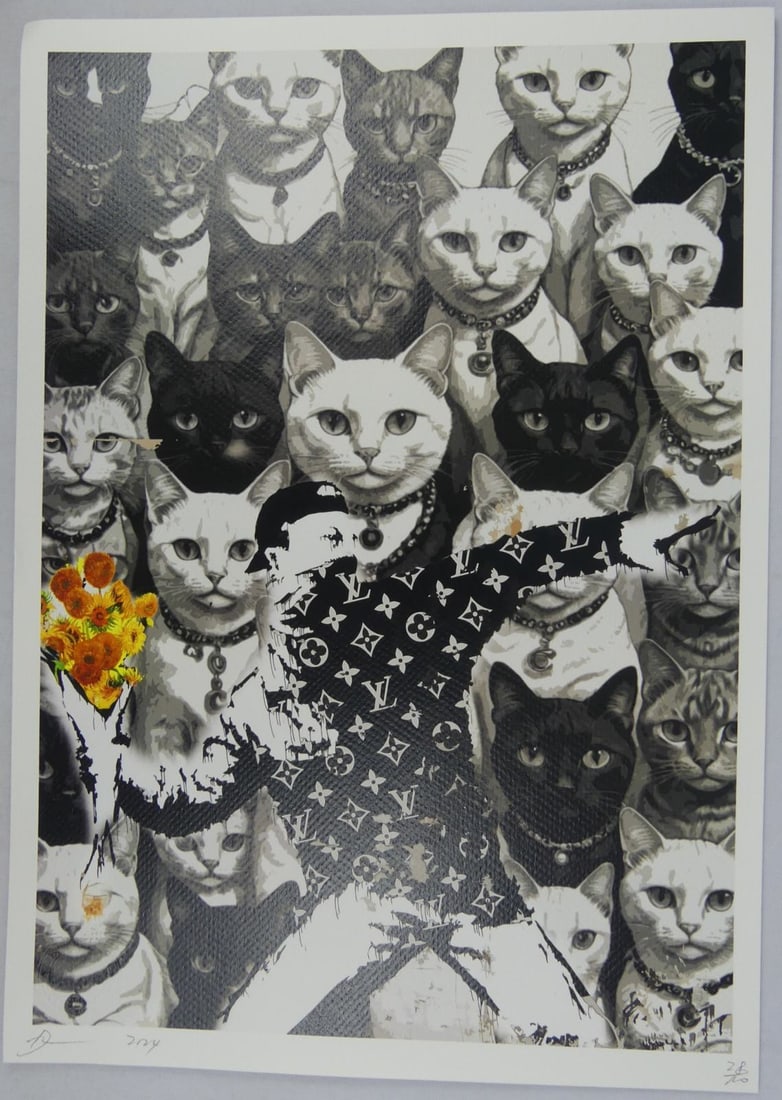 DEATH NYC LOUIS VUITTON CATS LITHOGRAPH: Death NYC lithograph depicting Louis Vuitton cats. Pencil signed, dated and holds blindstamp lower left. Numbered 28/100 lower right. Includes COA. Sheet measures 17 3/4" x 12 1/2".