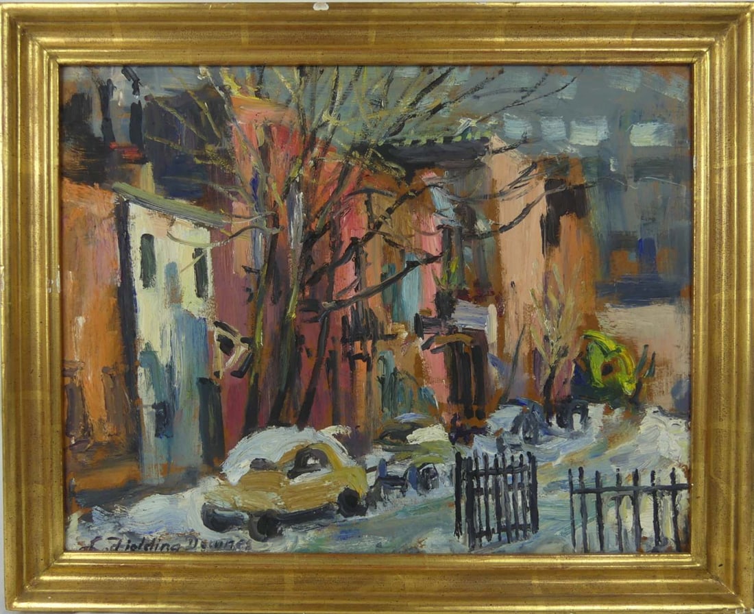 LIONEL FIELDING DOWNES 'STREET SCENE' OIL ON BOARD: Lionel Fielding Downes (Canadian, 1900-1972) oil painting on masonite depicting a snowy street scene. Signed lower left. Viewable measures 15 1/4" x 11 3/4". Frame measures 18" x 14 1/4".