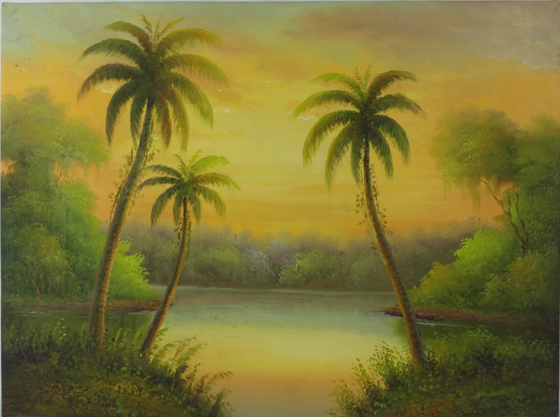 TROPICAL RIVERSCAPE w PALM TREES OIL ON CANVAS (1 of 3)