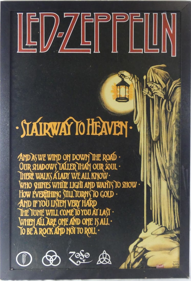 LED ZEPPELIN 'STAIRWAY TO HEAVEN' POSTER: Led Zeppelin 'Stairway to Heaven' poster on textured board. Marked Funky Enterprises lower right. Printing method offset lithography. Viewable measures 33 1/2" x 21 1/2". Frame measures 36" x 24".