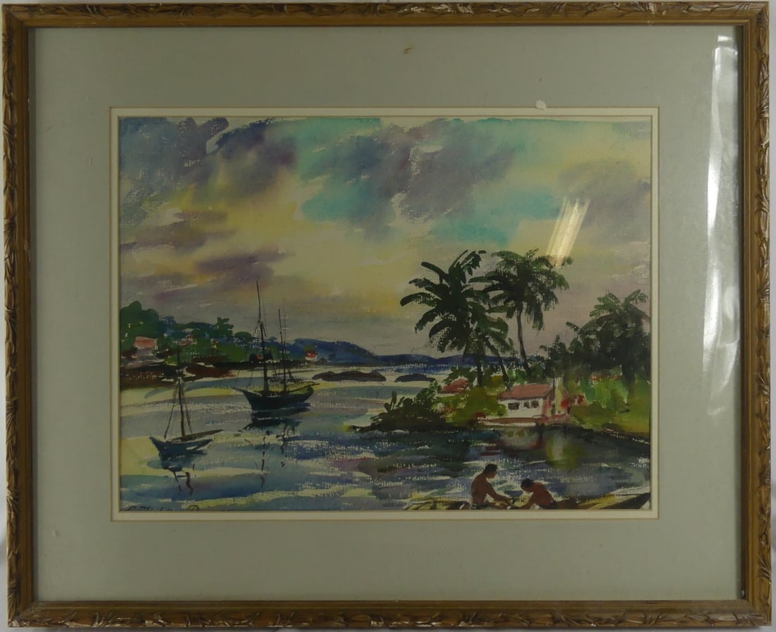 LIONEL FIELDING DOWNES TROPICAL ISLAND WATERCOLOR (1 of 5)