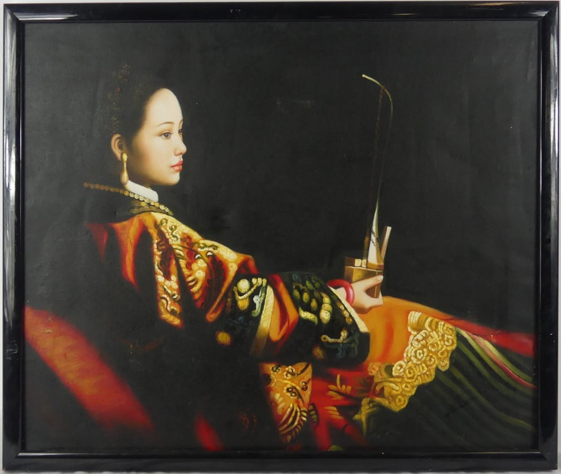 STYLE OF JIAN GUOFANG OIL PAINTING ON CANVAS: Chinese oil painting on canvas in the style of Jiang Guofang depicting a seated maiden with pipe. Frame measures 25 1/2" x 21 1/2".